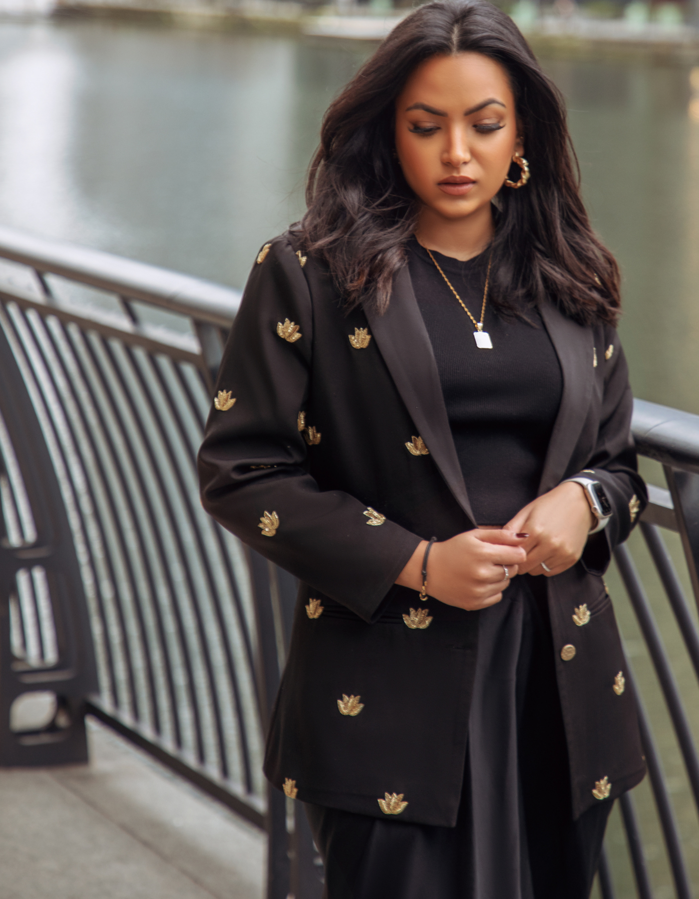 Lotus Embroidered Black Blazer