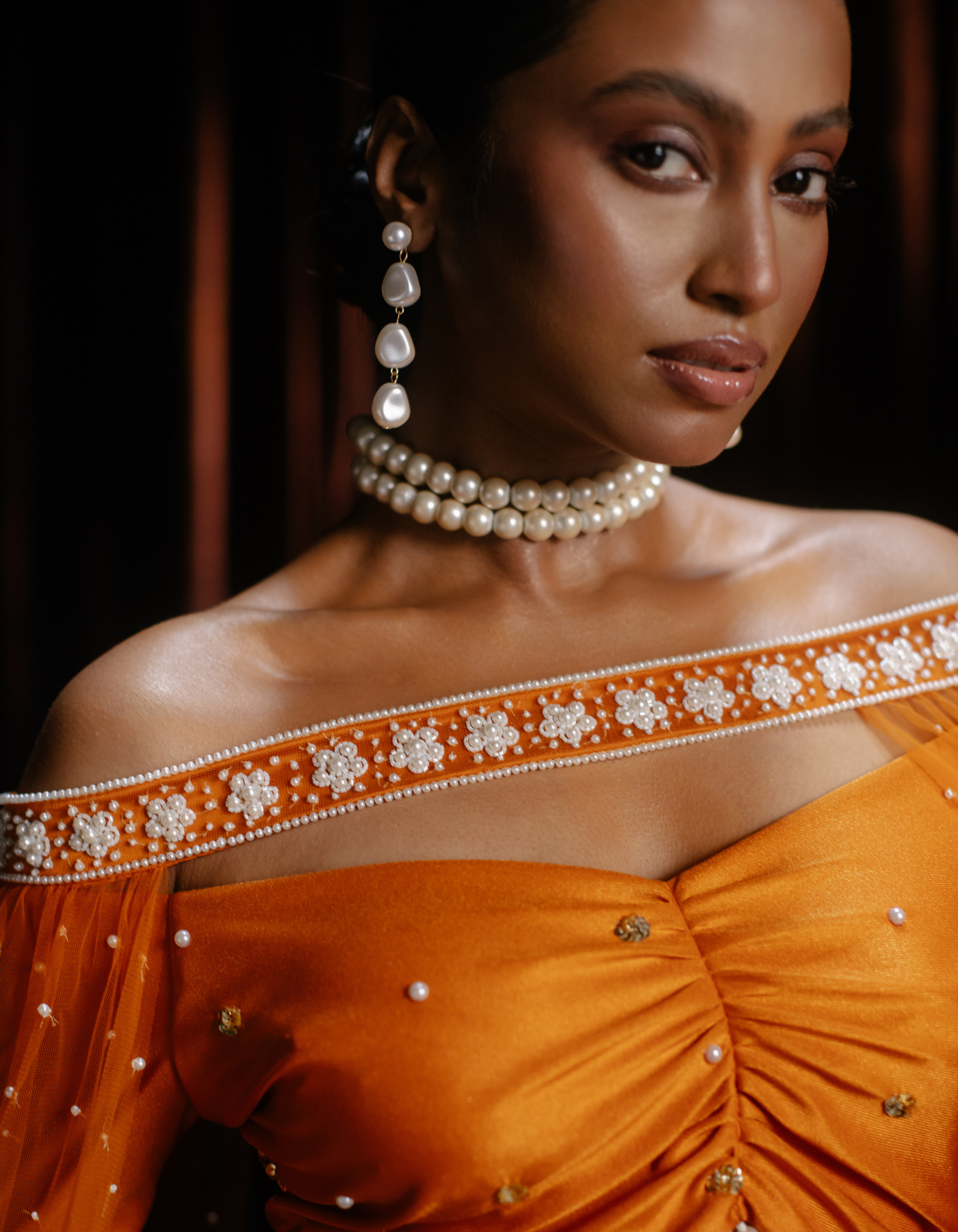 SAMPLE: Devi Burnt Orange Co-Od & Pearl Embroidered Cape