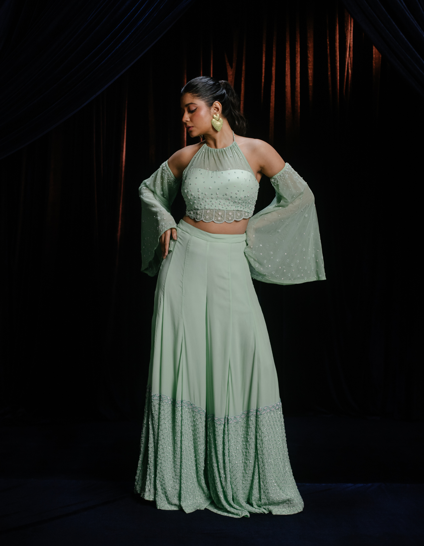 SAMPLE: Flora Mint Green Wide Leg Embroidered Co-Od