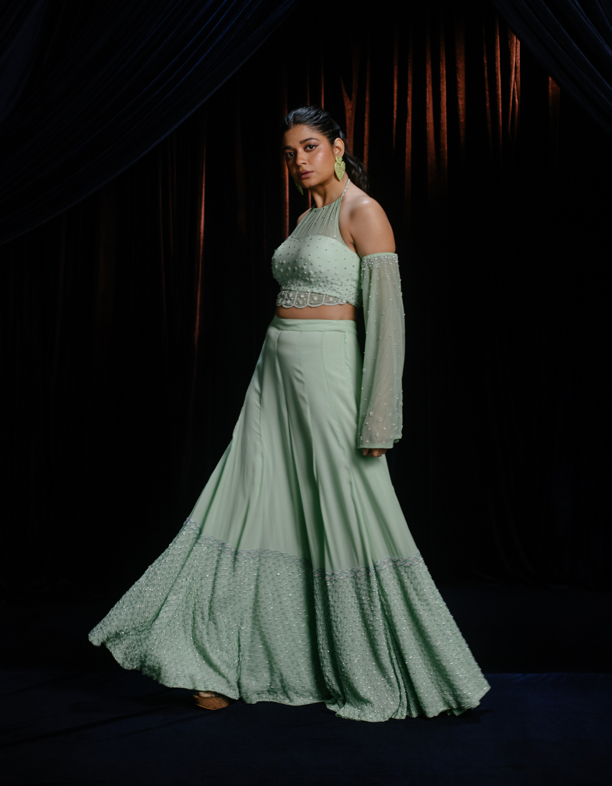 SAMPLE: Flora Mint Green Wide Leg Embroidered Co-Od