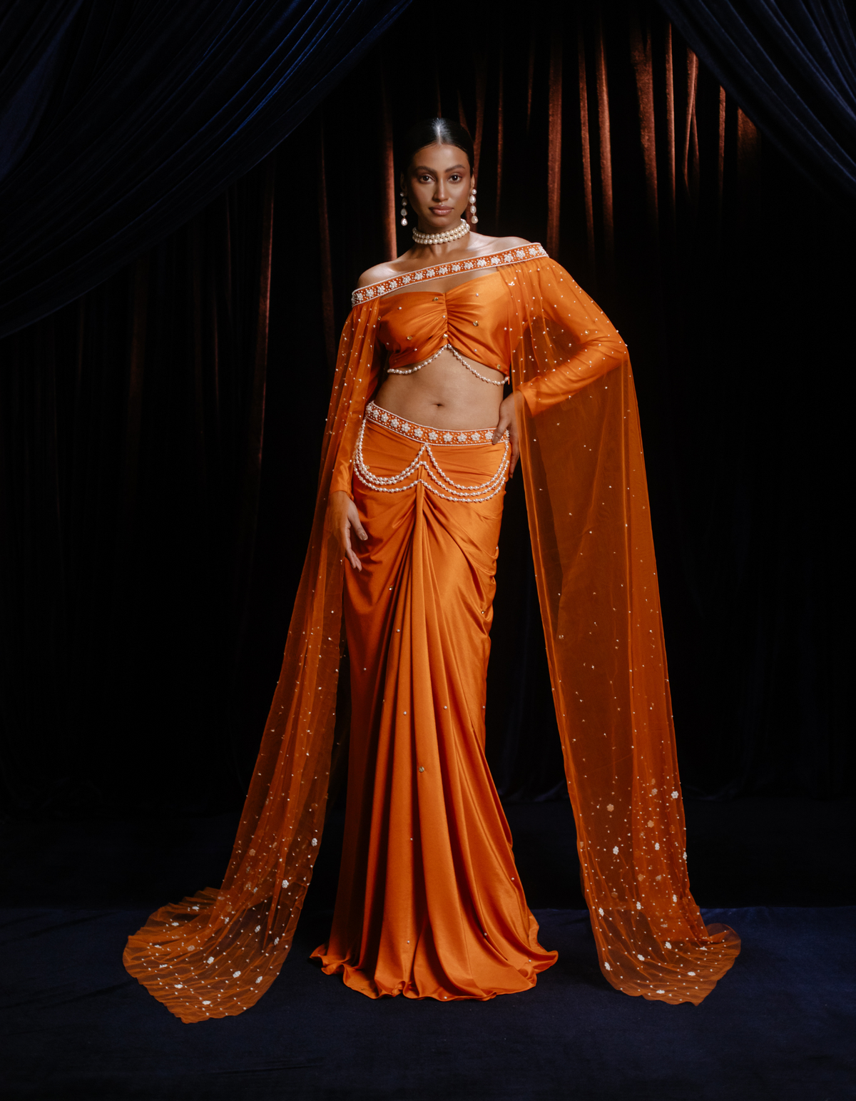 SAMPLE: Devi Burnt Orange Co-Od & Pearl Embroidered Cape