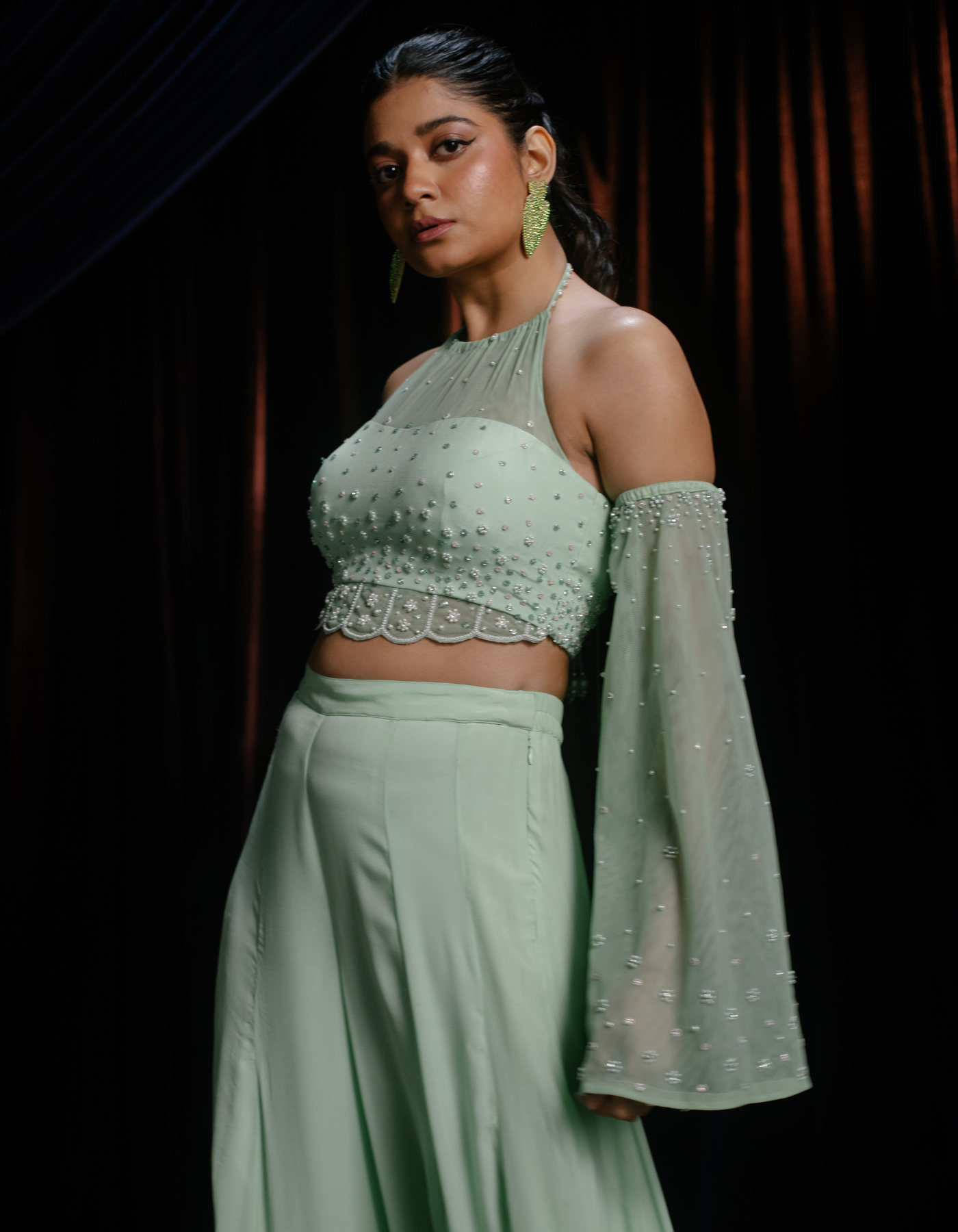 SAMPLE: Flora Mint Green Wide Leg Embroidered Co-Od