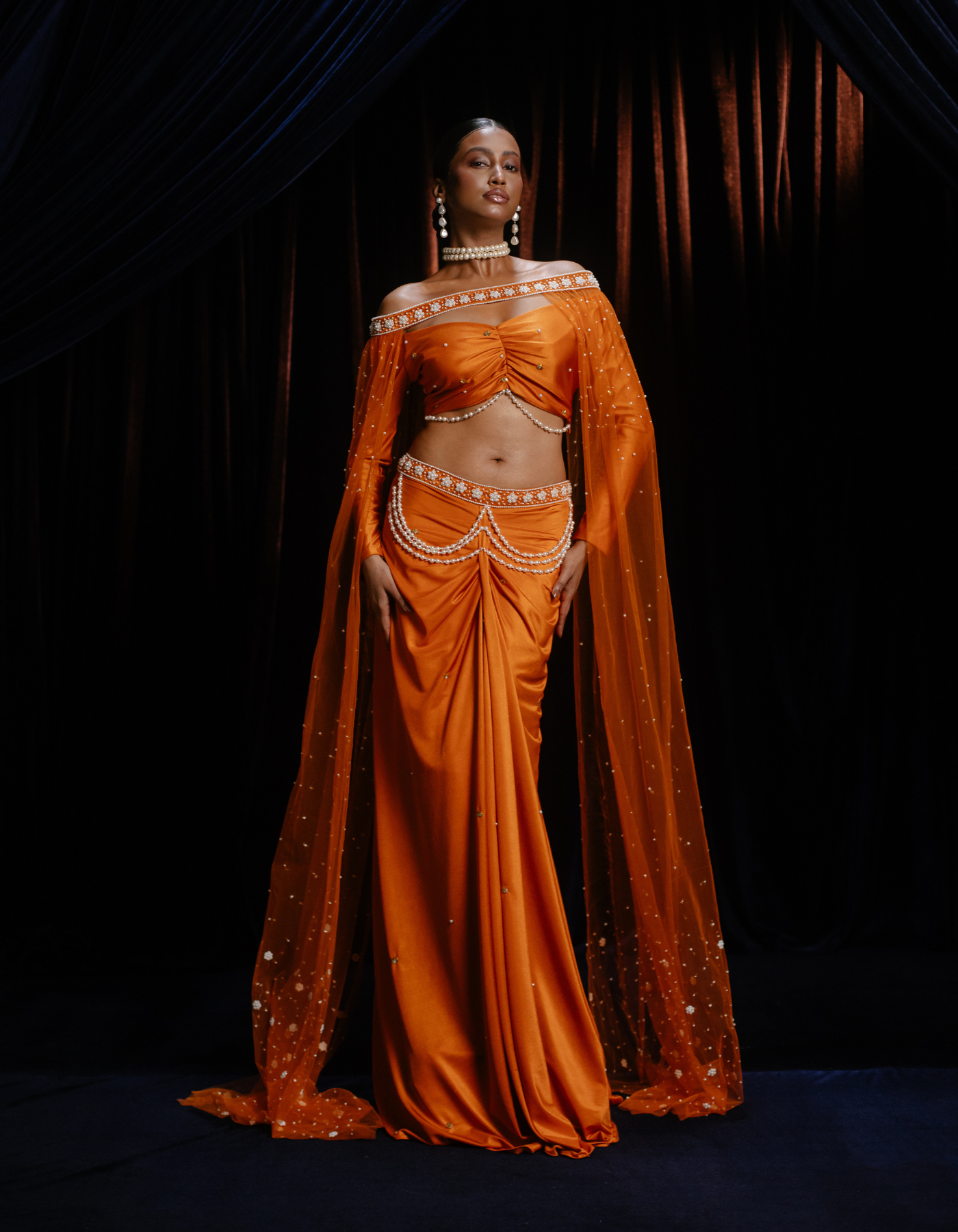SAMPLE: Devi Burnt Orange Co-Od & Pearl Embroidered Cape