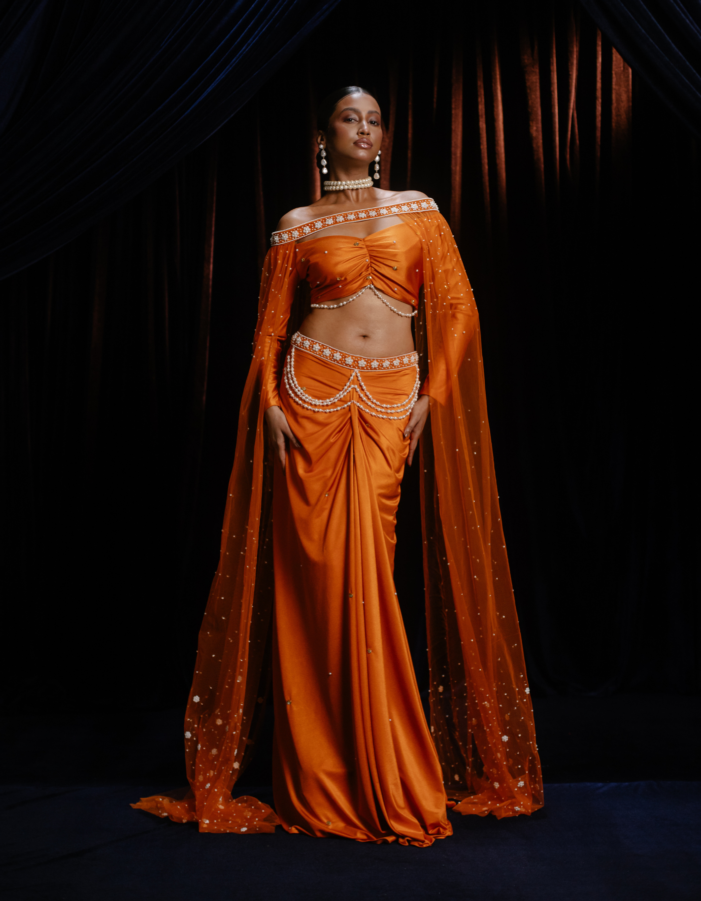 Devi Burnt Orange Co-Od & Pearl Embroidered Cape