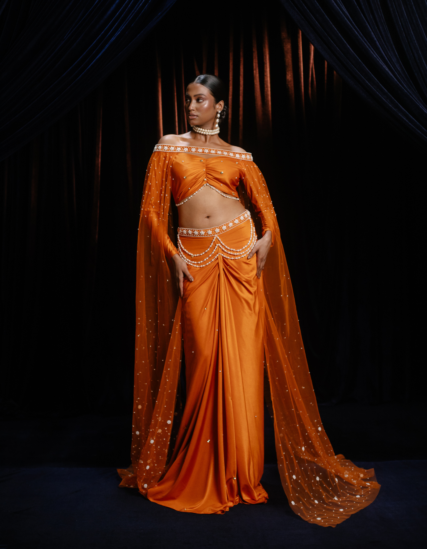 SAMPLE: Devi Burnt Orange Co-Od & Pearl Embroidered Cape