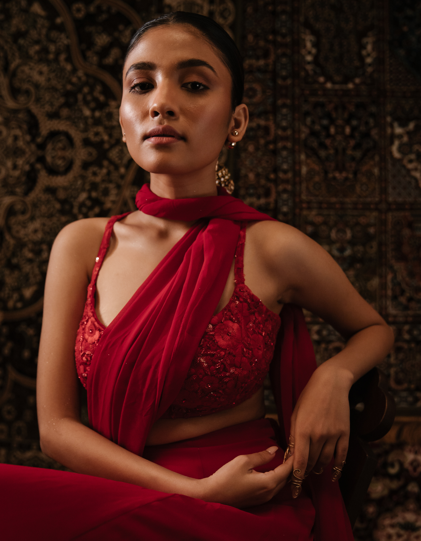 Sample Sale: Siren Red Pre-pleated Embroidered Saree