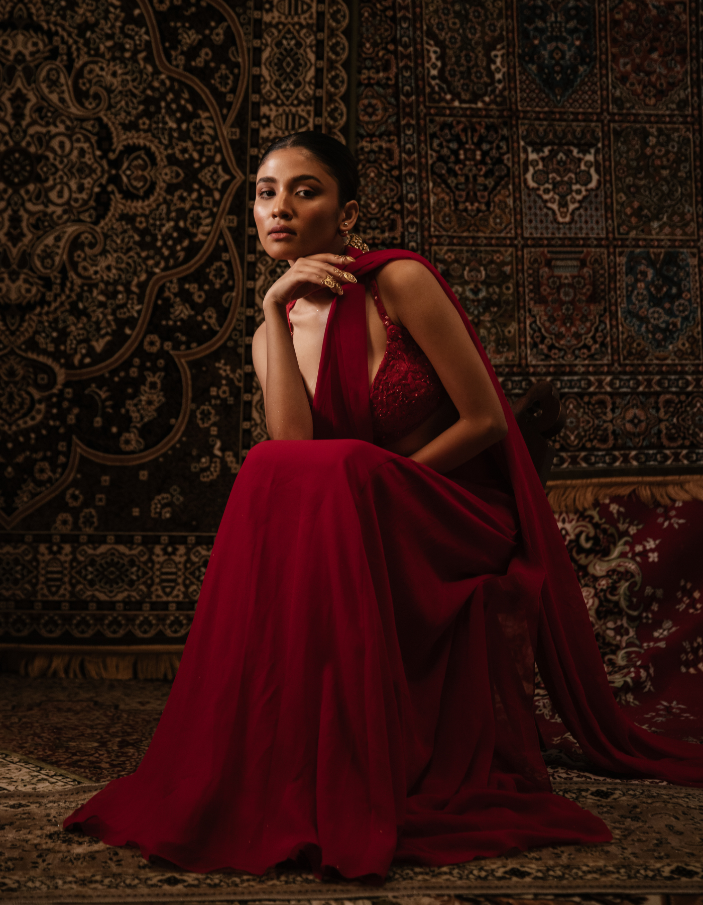 Sample Sale: Siren Red Pre-pleated Embroidered Saree