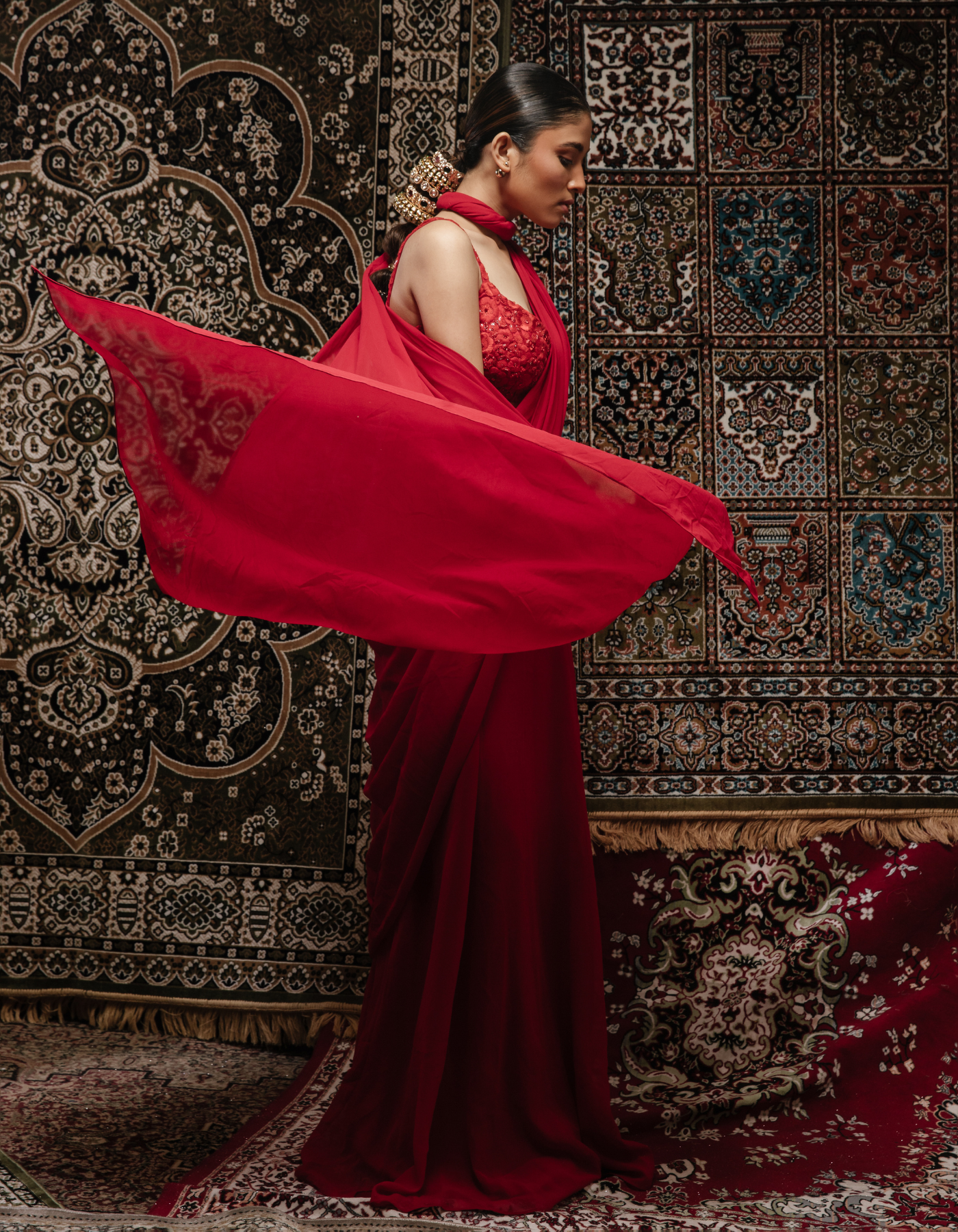 Sample Sale: Siren Red Pre-pleated Embroidered Saree