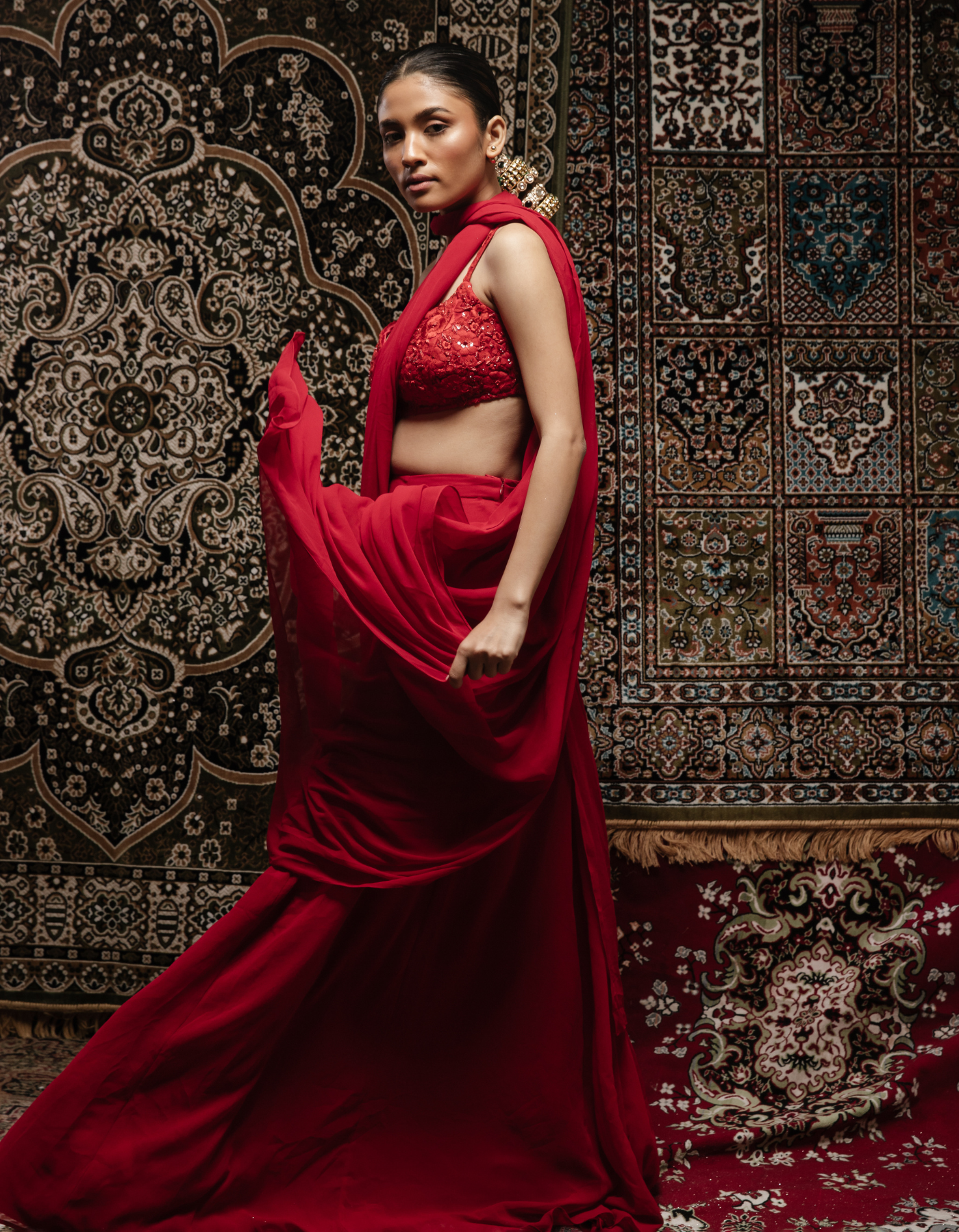 Siren Red Pre-pleated Embroidered Saree