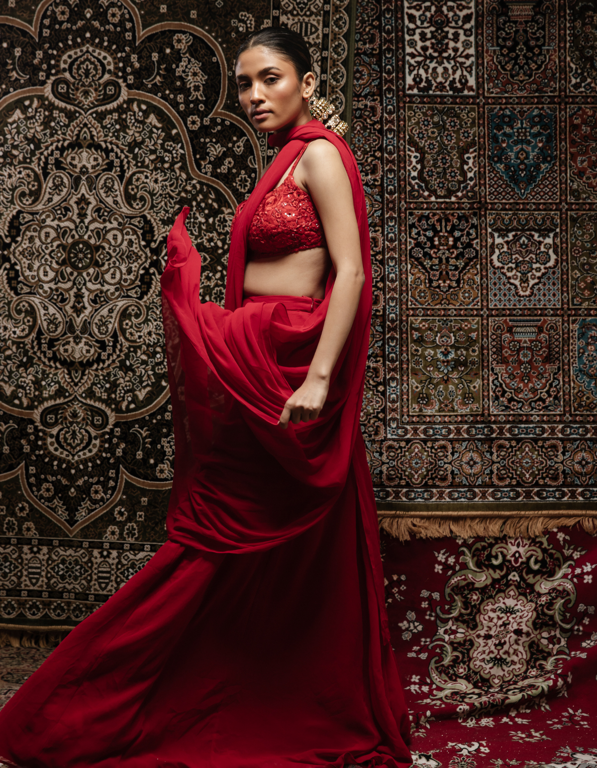 Sample Sale: Siren Red Pre-pleated Embroidered Saree