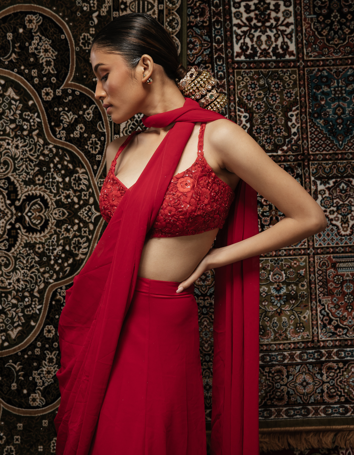 Sample Sale: Siren Red Pre-pleated Embroidered Saree