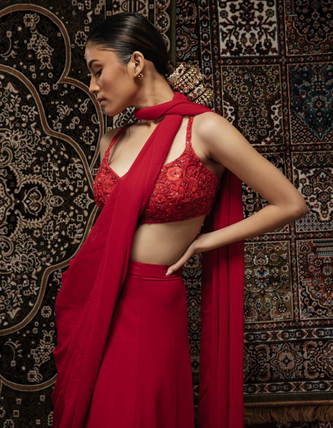 Siren Red Pre-pleated Embroidered Saree