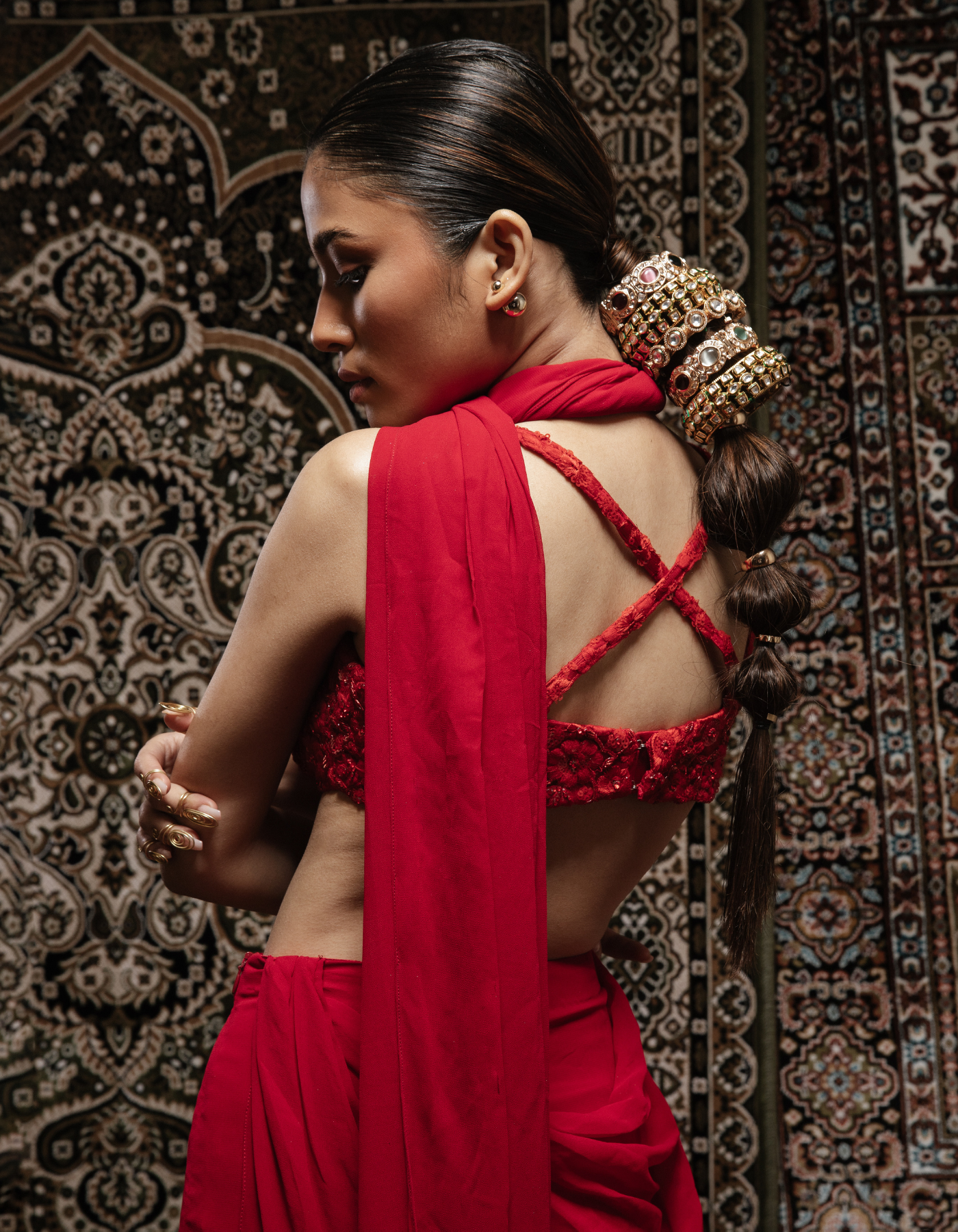 Sample Sale: Siren Red Pre-pleated Embroidered Saree