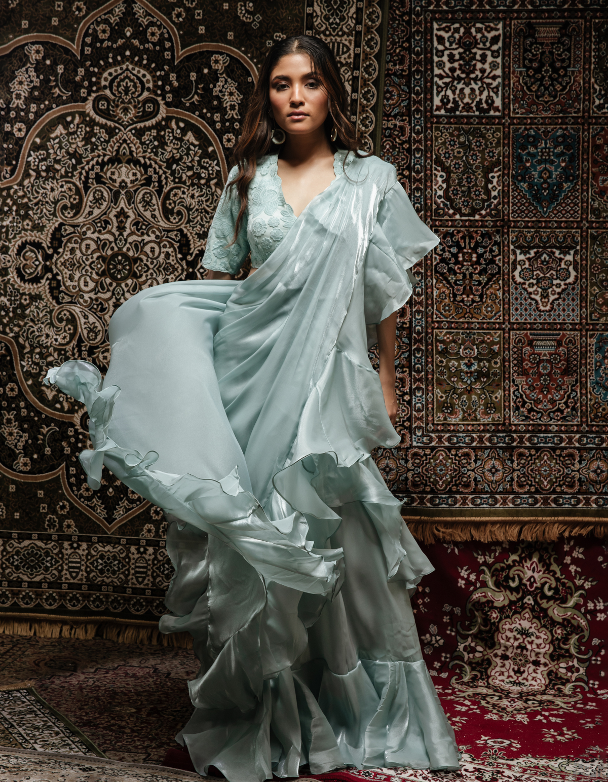 Sample Sale: Gisele Baby Blue Ruffle Saree