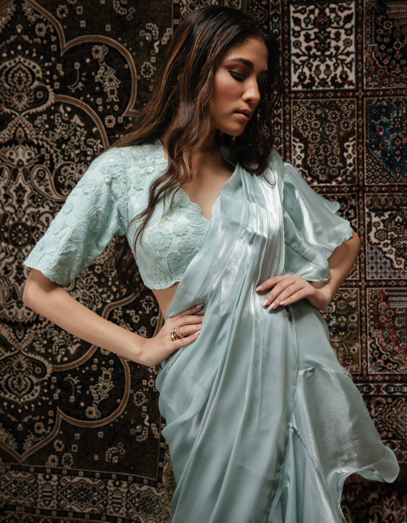 Sample Sale: Gisele Baby Blue Ruffle Saree