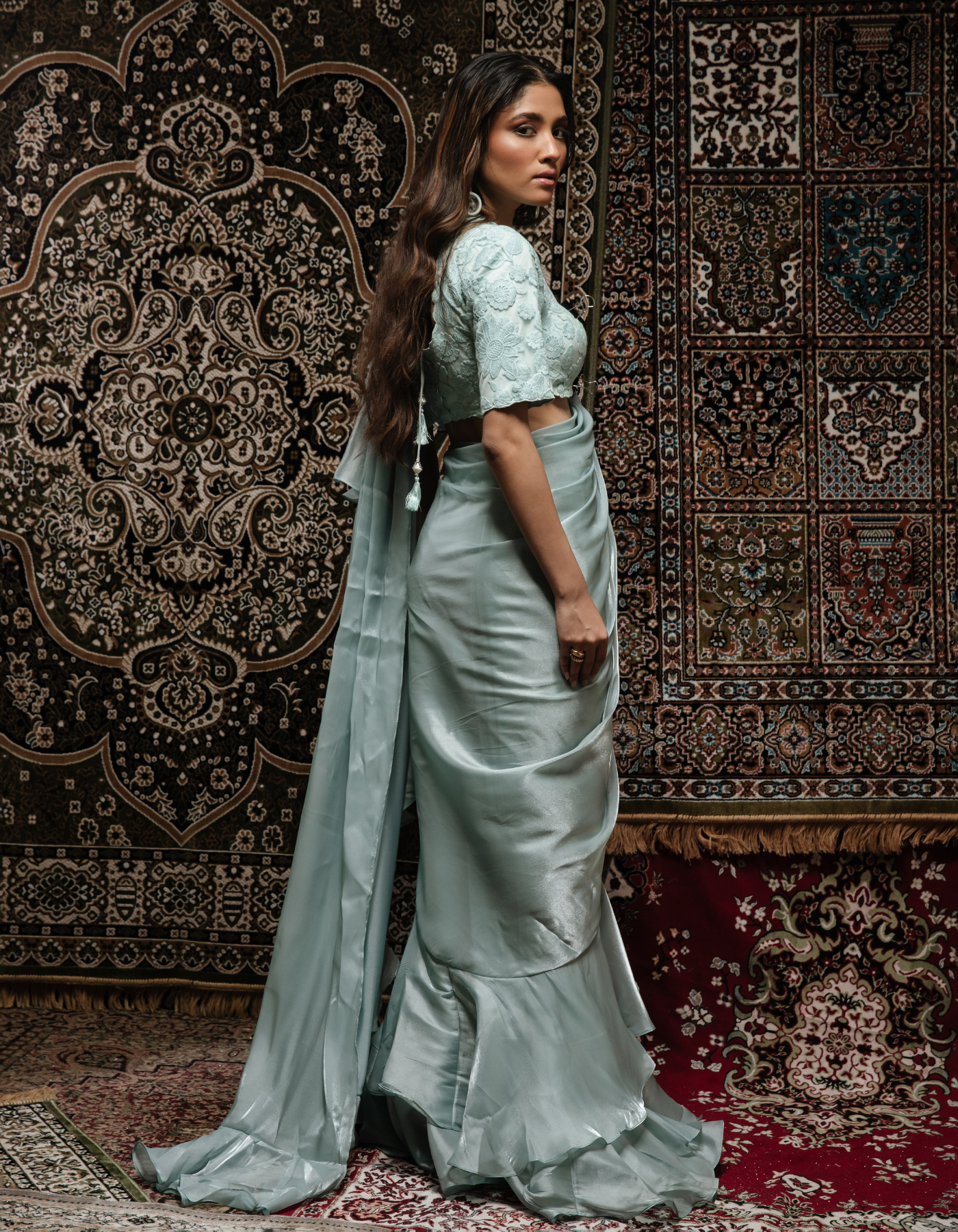 Sample Sale: Gisele Baby Blue Ruffle Saree