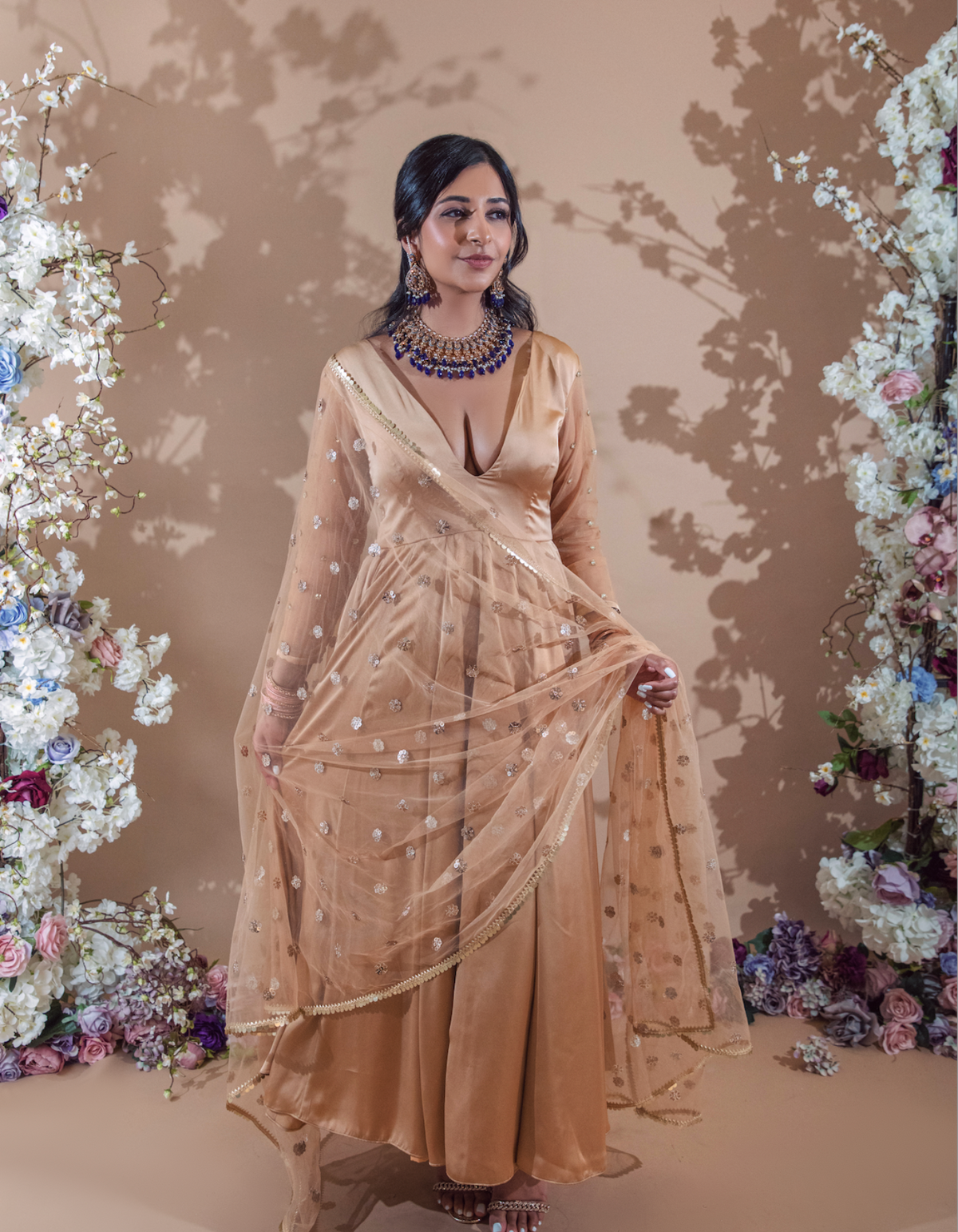 Sample Sale: Resham Champagne Mesh Satin Anarkali