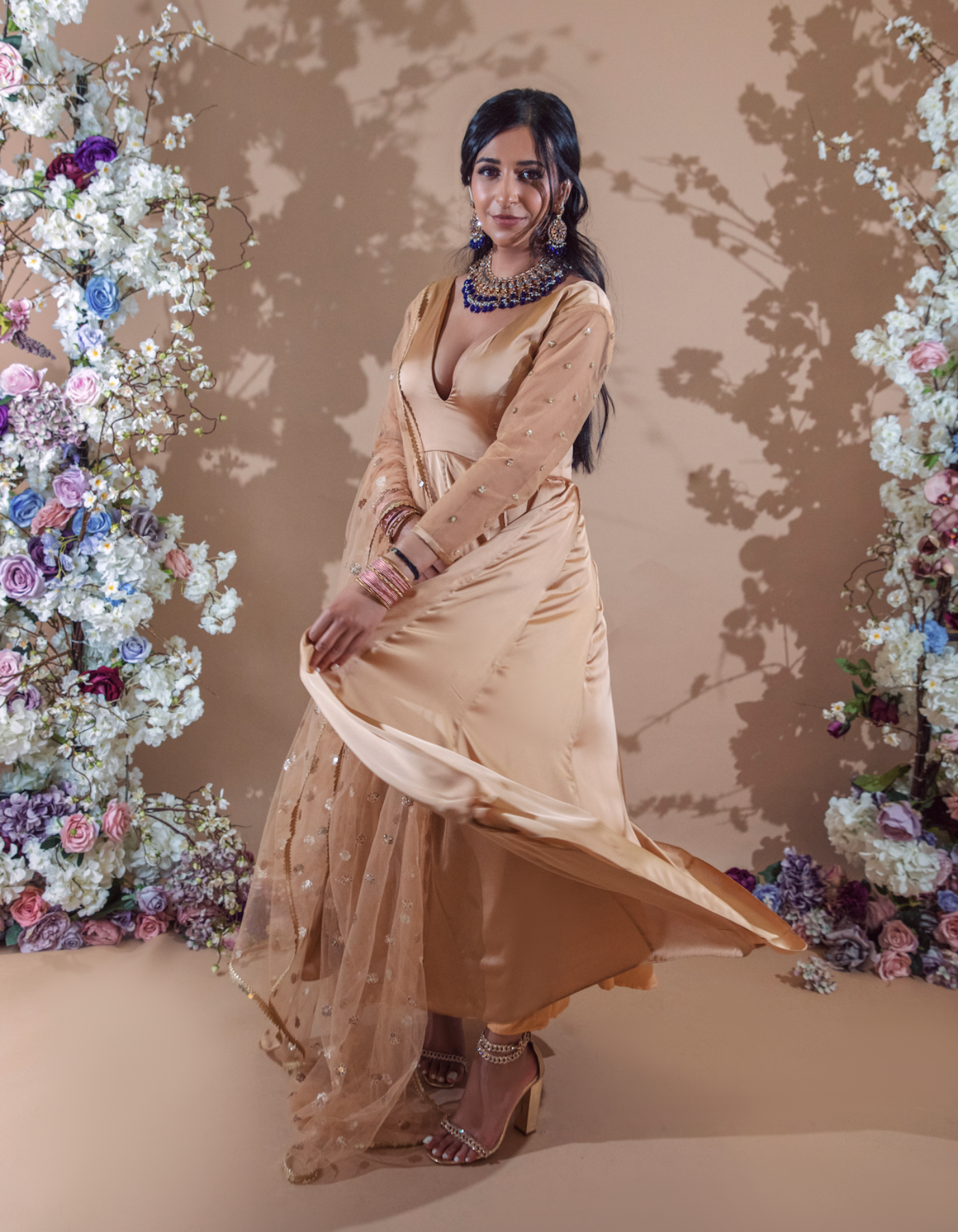 Sample Sale: Resham Champagne Mesh Satin Anarkali