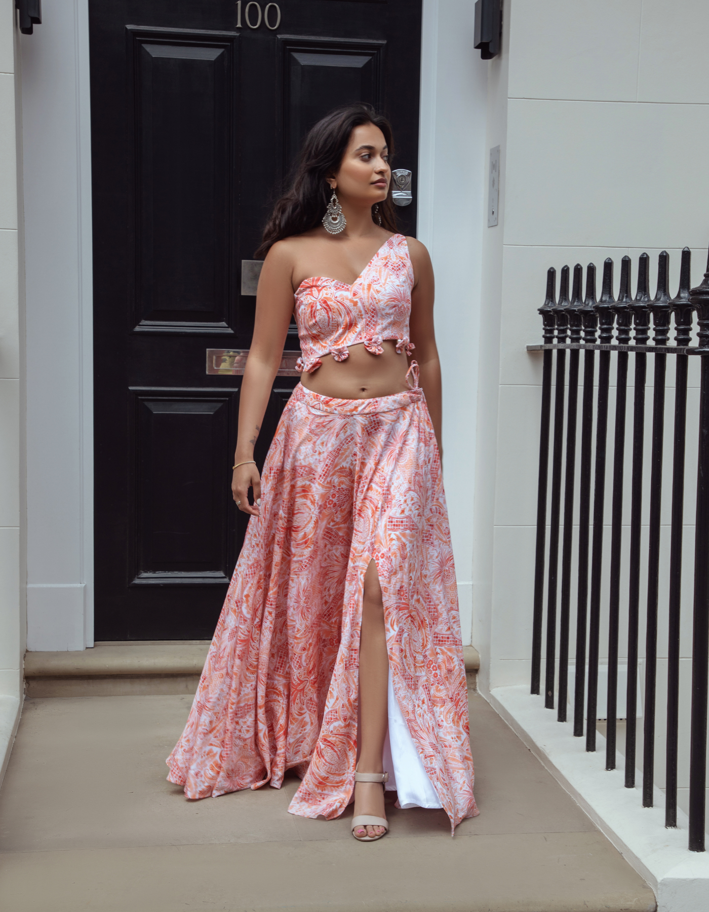 Pink Coral One Shoulder Blouse & Skirt