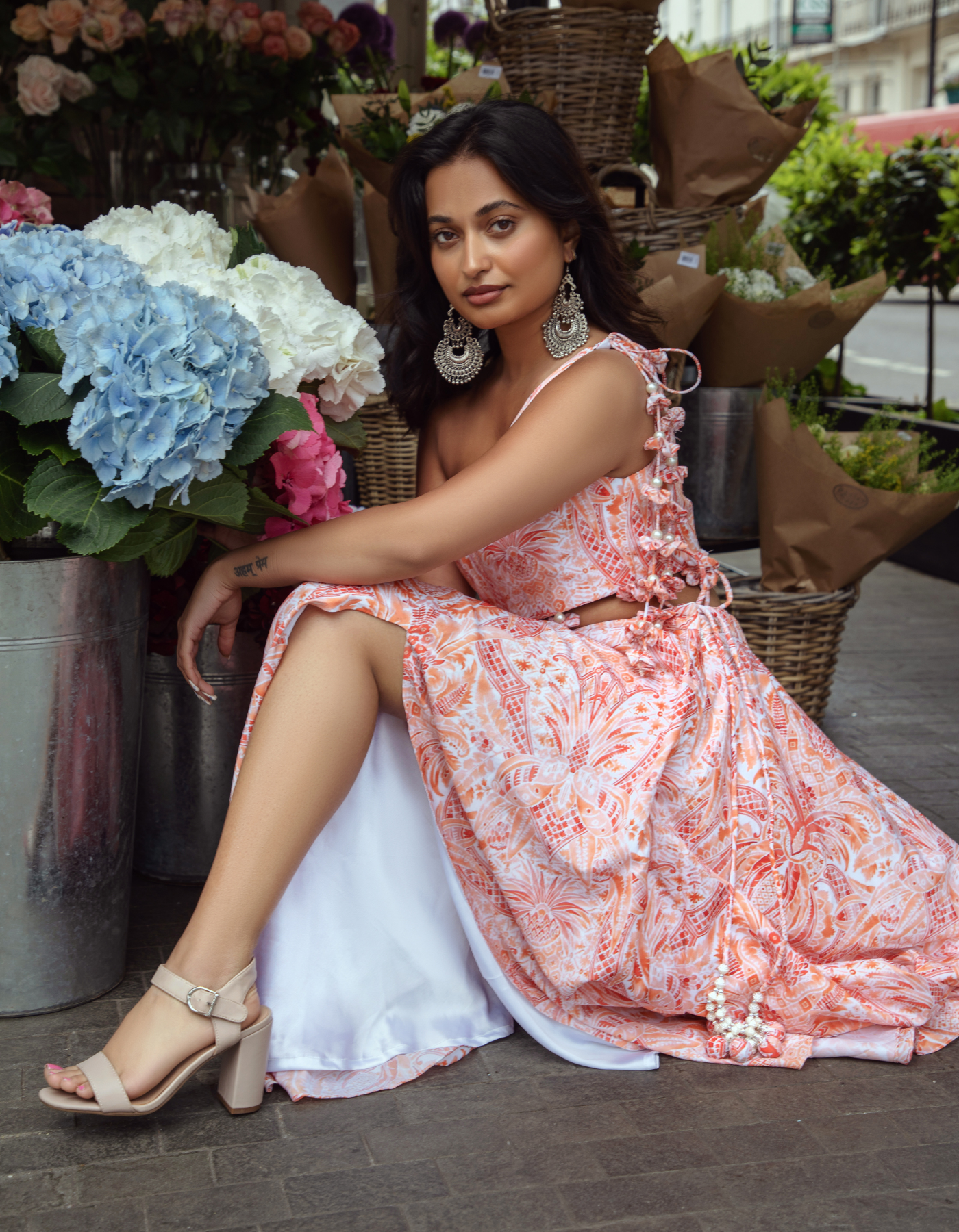 Pink Coral One Shoulder Blouse & Skirt