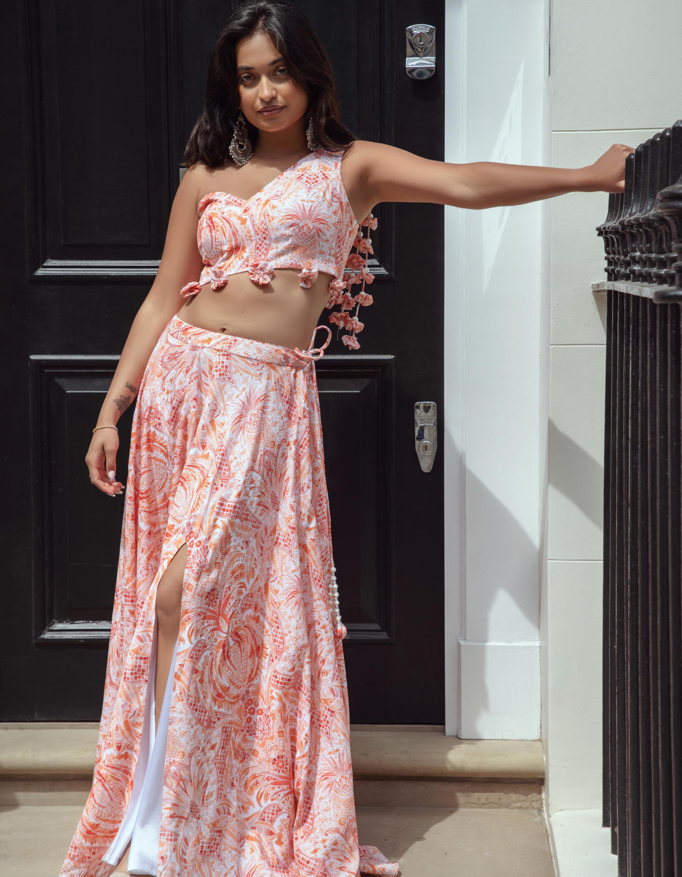 Pink Coral One Shoulder Blouse & Skirt