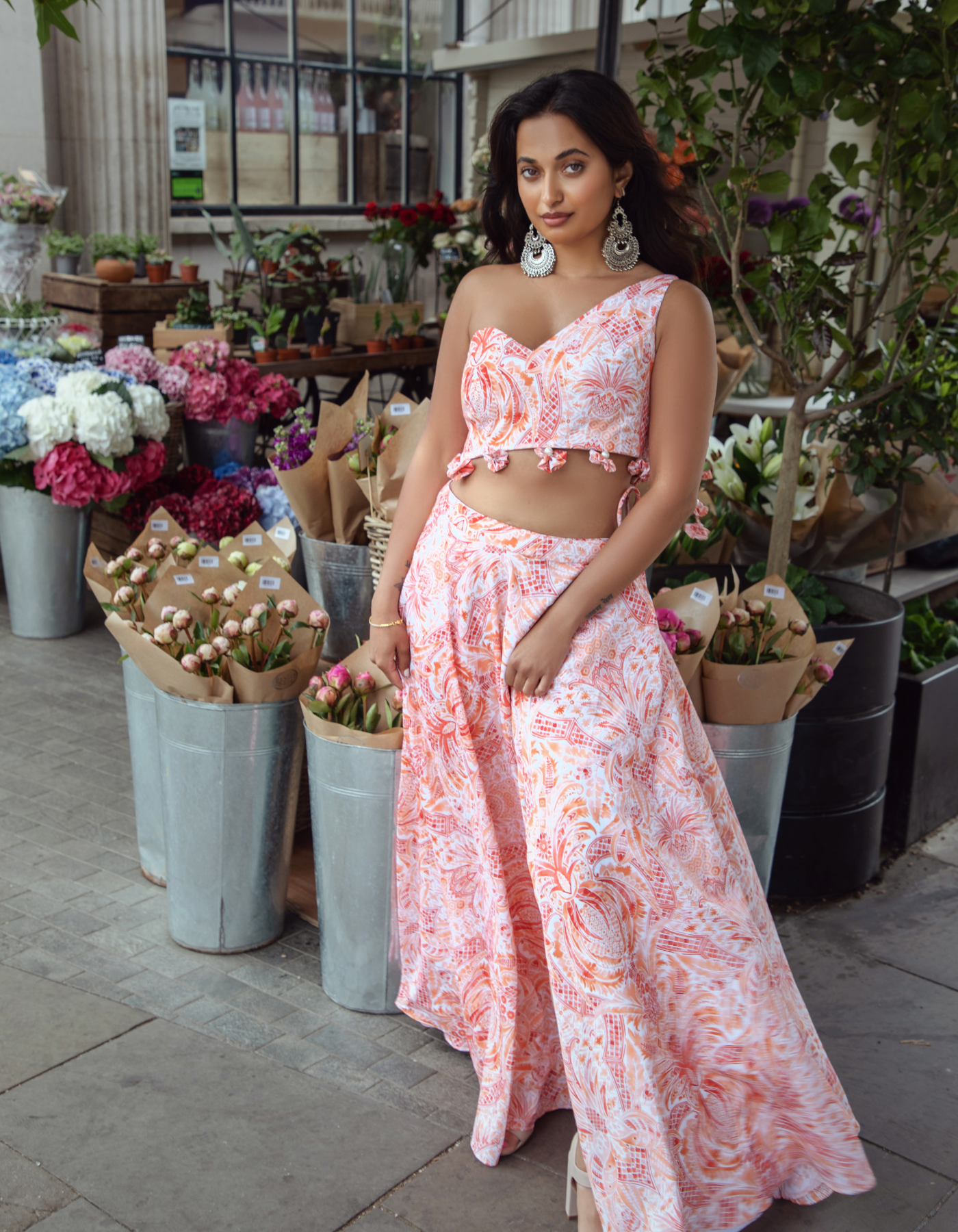 Pink Coral One Shoulder Blouse & Skirt