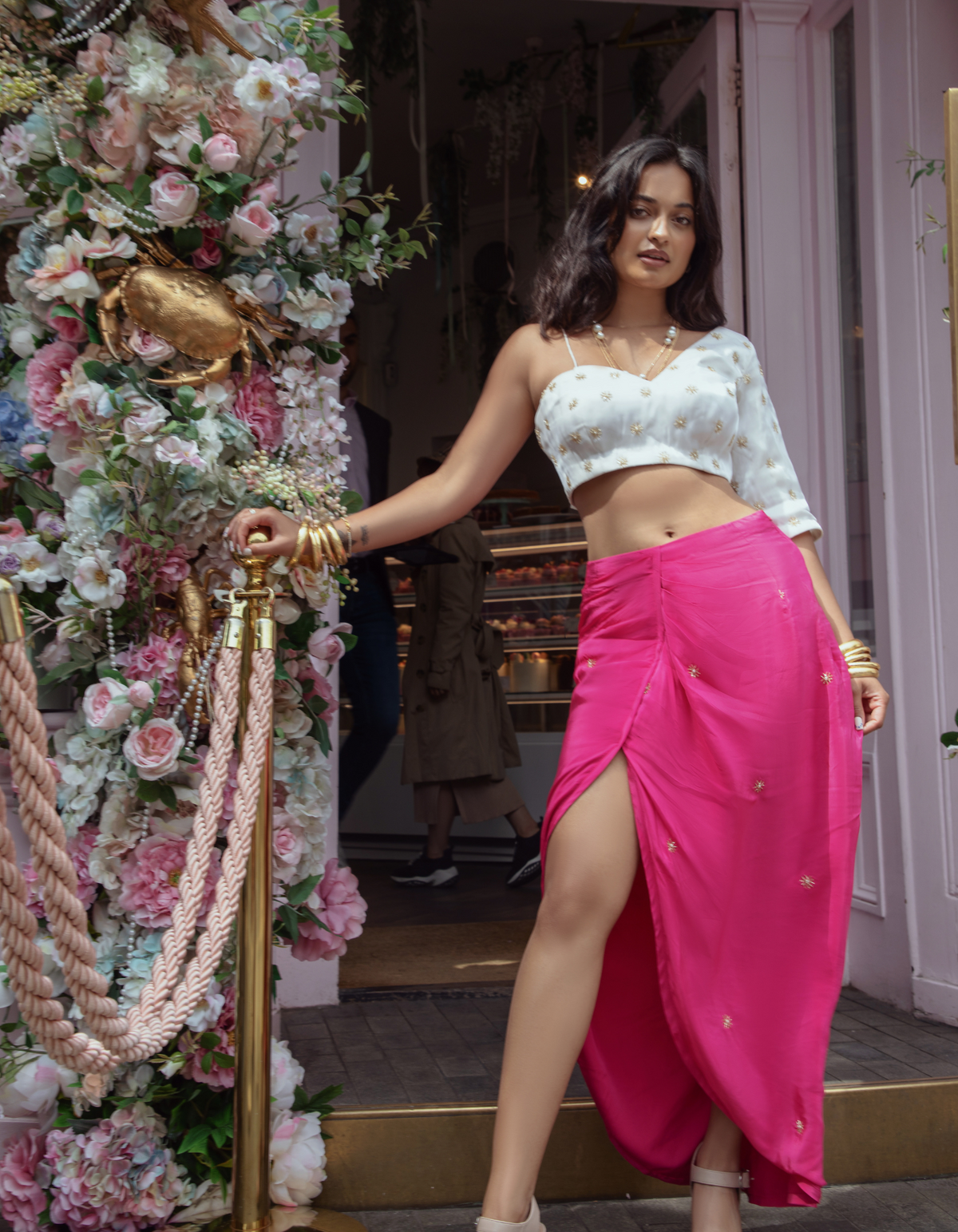 Stardust Embroidered Pink Skirt & One Shoulder Blouse