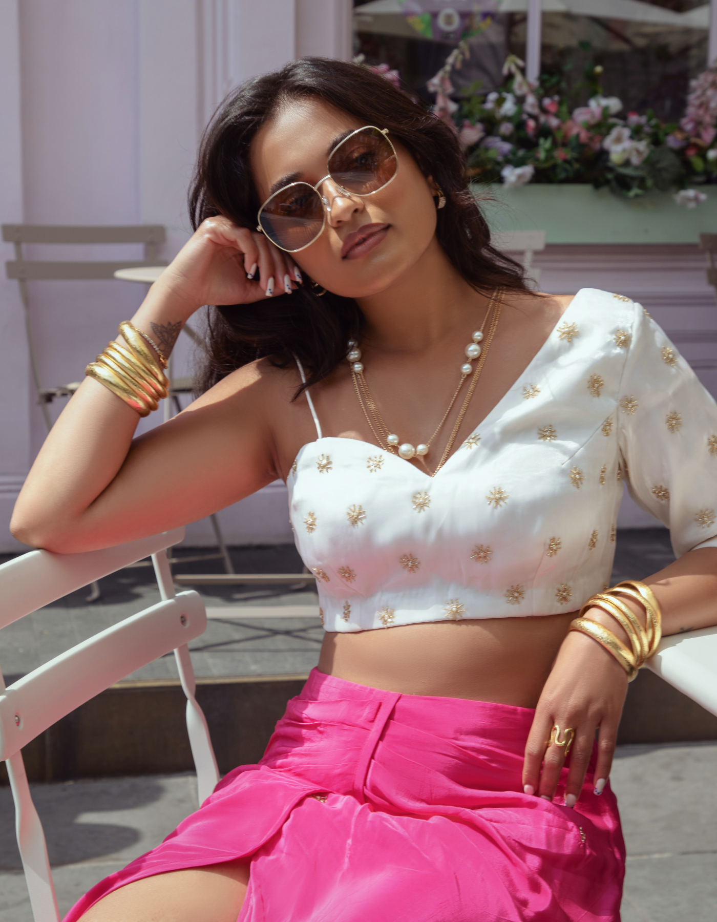 Stardust Embroidered Pink Skirt & One Shoulder Blouse
