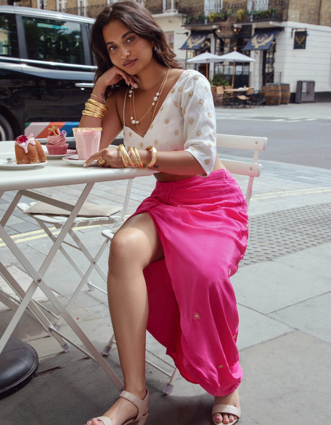 Stardust Embroidered Pink Skirt & One Shoulder Blouse