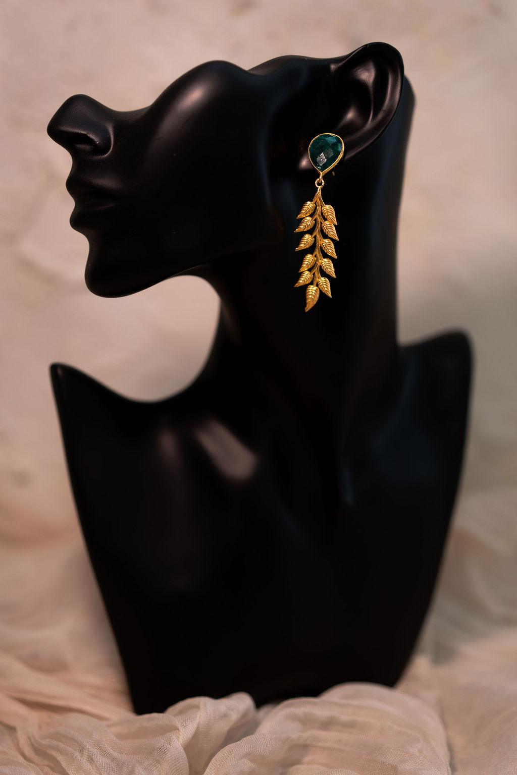 Celina Green Oynx Leaf Drop Statement Earring