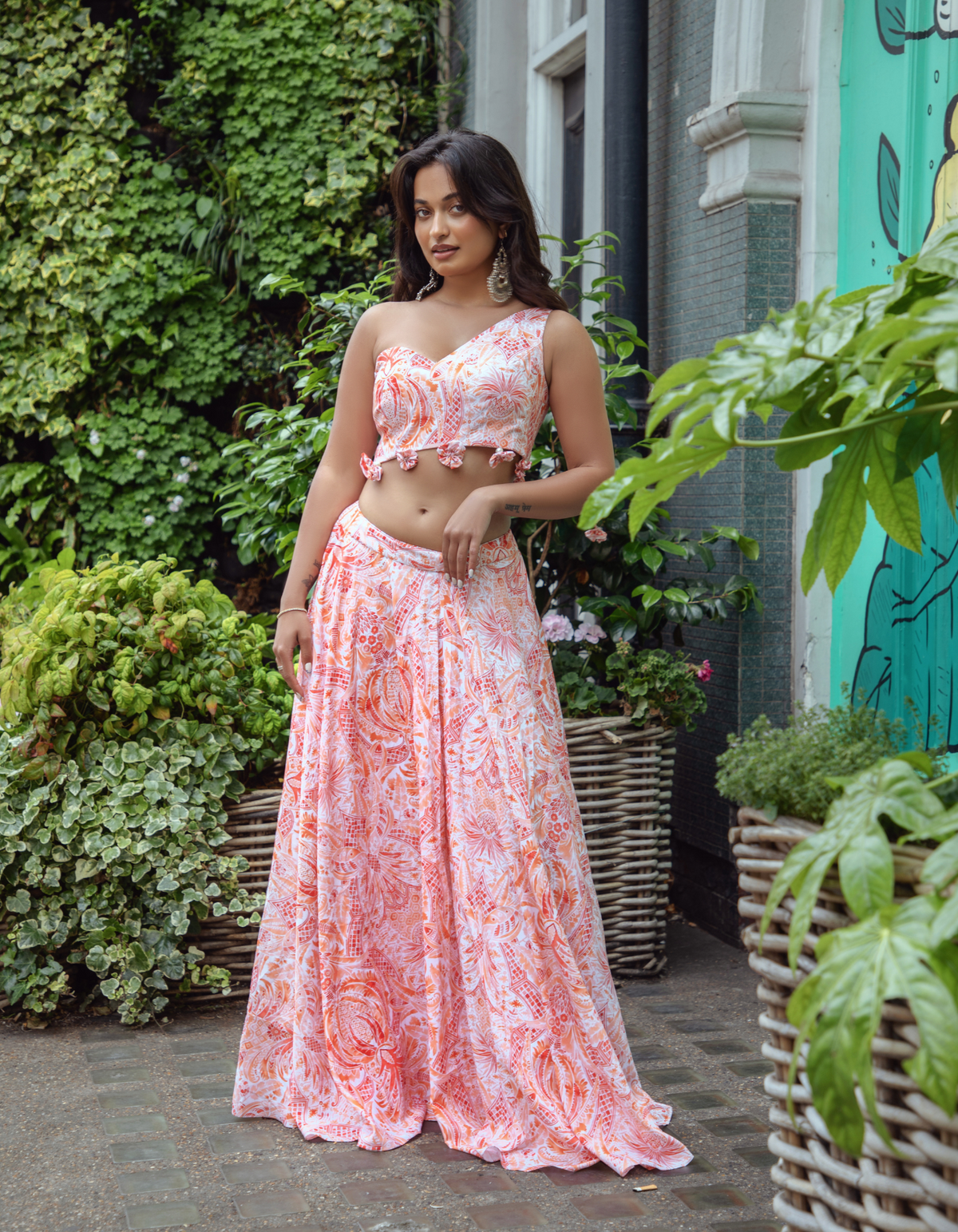 Pink Coral One Shoulder Blouse & Skirt